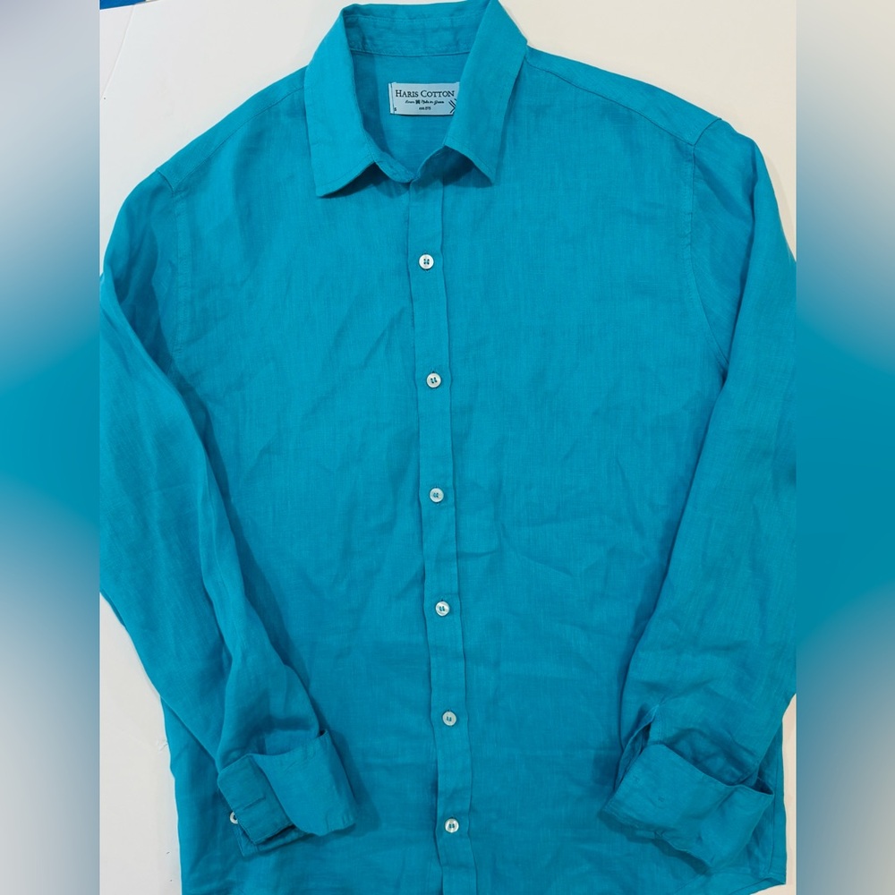 Haris Cotton Men's 100% Linen Button Down Shirt Teal Blue Greece Size S - Picture 2 of 4